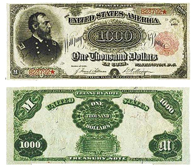 1000 долларов США с красной печатью 1891 года